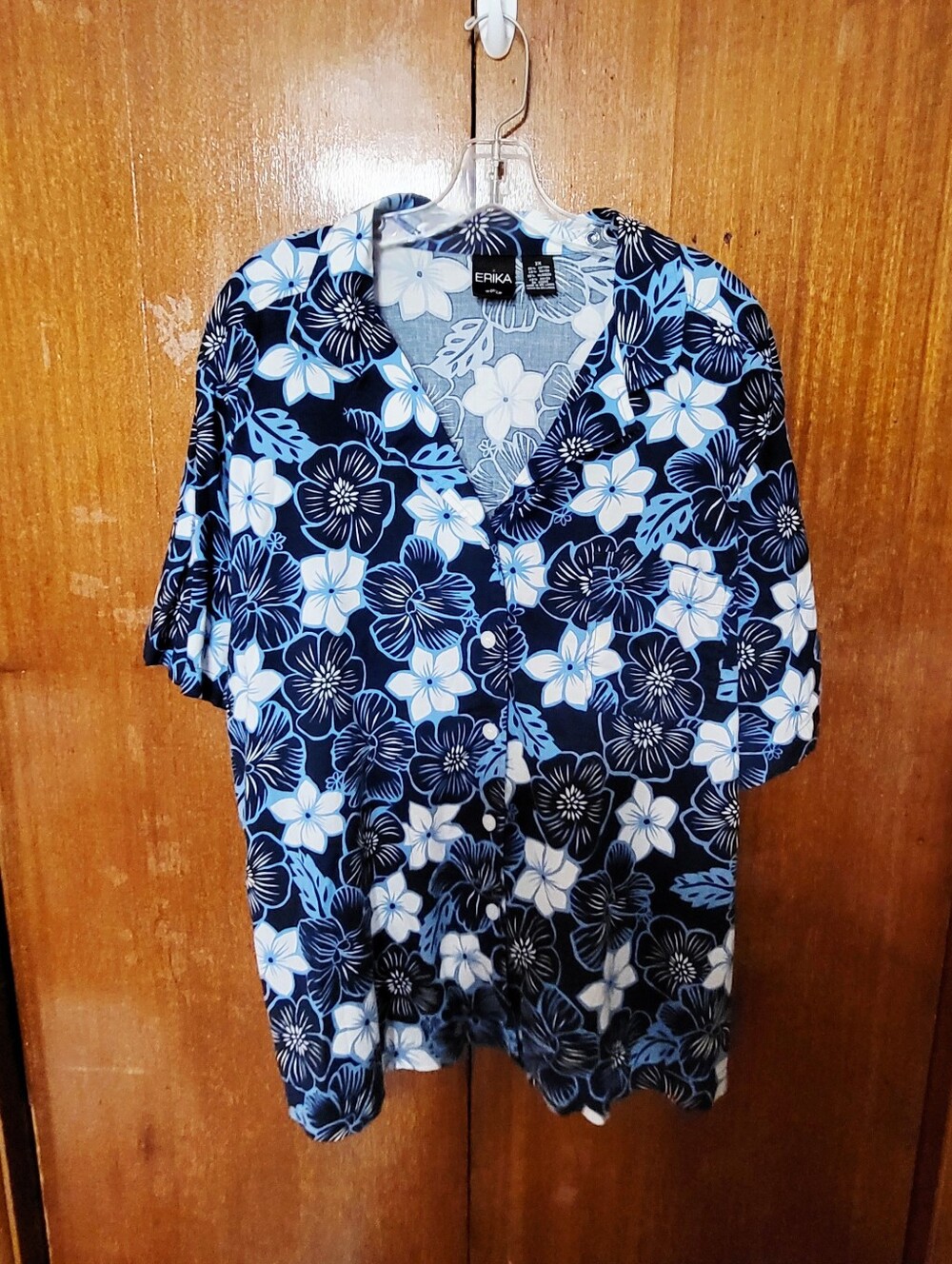 Erika Navy and Light Blue Floral Short Sleeve Button-Down